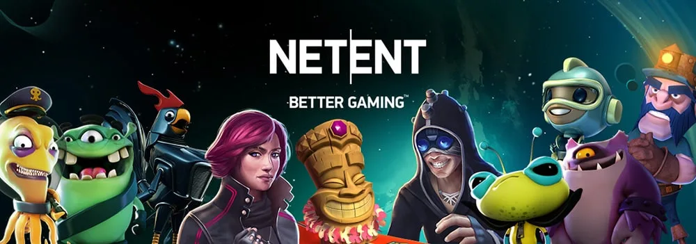 Colorful banner featuring popular characters from NetEnt games with the logo 'NETENT - Better Gaming' prominently displayed, set against a cosmic background.