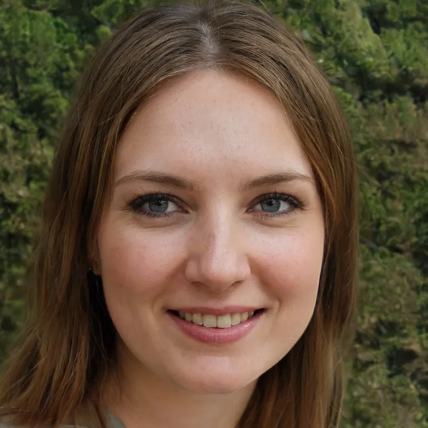 Emma Johnson, a smiling woman with light brown hair, standing against a lush green forest background.