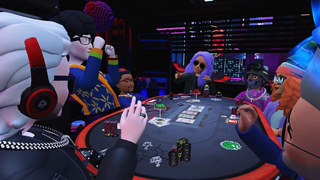 Lively poker game in a virtual reality space featuring neon accents.