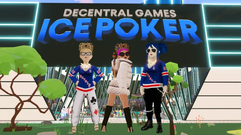 Promotional image of Decentral Games Ice Poker, showcasing three stylish avatars.